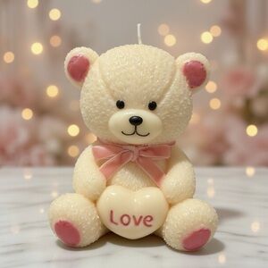 Cream Teddy Bear Love Decorative Candle with Pink Accents